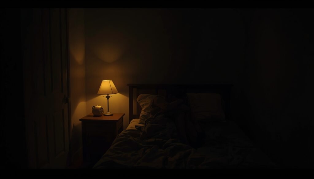 The lonely man keeps the only lamp lit.